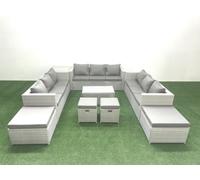 Fimous 9 Pieces Rattan Garden Furniture Set Outdoor Garden Sofa Coffee Table Set Side Table 4 Stools Light Grey