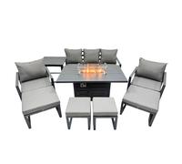 Fimous 9 Seat Outdoor Garden Furniture Set Aluminium Lounge 3 Seat Sofa Gas Fire Pit Table Sets with Chair 4 Stools Side Table Dark Grey
