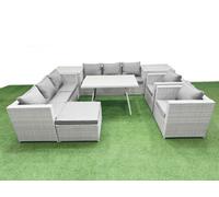 Fimous 9 Seat Garden Furniture Set Pe Ratten Garden Sofa Set With Rectangular Dining Table Big Stool 2 Side Tables Light Grey