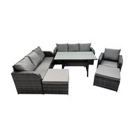 Fimous 9 Seat Outdoor Wicker PE Rattan Garden Furniture Set Dining Table Sofa Set with 2 Big Stool Dark Grey Mixed