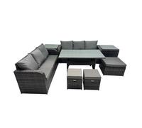 Fimous 9 Seat Outdoor Wicker PE Rattan Garden Furniture Set Dining Table Sofa Set with 2 Side Tables 3 Stools Dark Grey Mixed