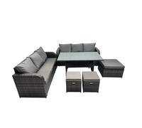 Fimous 9 Seat Outdoor Wicker PE Rattan Garden Furniture Set Dining Table Sofa Set with 3 Stools Dark Grey Mixed