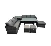 Fimous 9 Seat Outdoor Wicker Pe Rattan Garden Furniture Set Dining Table Sofa Set With Side Table 3 Stools Dark Grey Mixed