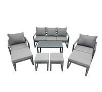 Fimous 9 Seat Outdoor Garden Furniture Set Aluminium Lounge 3 Seat Sofa Oblong Coffee Table Sets with Chair 4 Stools 2 Side Tables Dark Grey