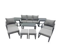Fimous 9 Seat Outdoor Garden Furniture Set Aluminium Lounge 3 Seat Sofa Oblong Coffee Table Sets With Chair 4 Stools Dark Grey
