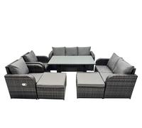 Fimous 9 Seat Outdoor Wicker PE Rattan Garden Furniture Set Dining Table Sofa Set with 2 Big Stools Dark Grey Mixed