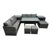 Fimous 9 Seat Outdoor Wicker PE Rattan Garden Furniture Set Dining Table Sofa Set with 2 Side Tables 3 Stools Dark Grey Mixed