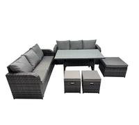 Fimous 9 Seat Outdoor Wicker PE Rattan Garden Furniture Set Dining Table Sofa Set with 3 Stools Dark Grey Mixed