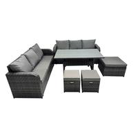 Fimous 9 Seat Outdoor Dining Table Sofa Set with 3 Stools Dark Grey Mixed