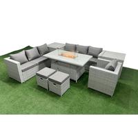 Fimous 9 Seat PE Rattan Lounge Sofa Set Outdoor Garden Furniture Set with Fire Pit Dining Table 3 Seater Sofa 2 Small Stools 2 Side Tables Light Grey