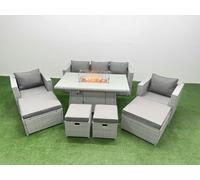 Fimous 9 Seat PE Rattan Lounge Sofa Set Outdoor Garden Furniture Set with Fire Pit Dining Table 3 Seater Sofa 4 Footstools Light Grey