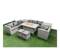 Fimous 9 Seat PE Rattan Lounge Sofa Set Outdoor Garden Furniture Set with Fire Pit Dining Table 3 Seater Sofa 2 Small Stools 2 Side Tables Light Grey