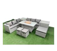 Fimous 9 Seat PE Rattan Lounge Sofa Set Outdoor Garden Furniture Set with Fire Pit Dining Table 3 Seater Sofa 3 Stools 2 Side Tables Light Grey