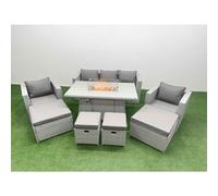 Fimous 9 Seat PE Rattan Lounge Sofa Set Outdoor Garden Furniture Set with Fire Pit Dining Table 3 Seater Sofa 4 Footstools Light Grey