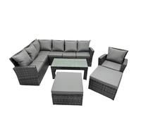 Fimous 9 Seat Poly Rattan Outdoor Patio Oblong Coffee Table Corner Sofa Set with 2 Big Stool Chair for Garden Backyard Dark Grey Mixed