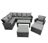 Fimous 9 Seat Poly Rattan Outdoor Patio Oblong Coffee Table Corner Sofa Set With 2 Big Stool Chair For Backyard Dark Grey Mixed