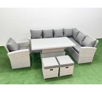 Fimous 9 Seat Rattan Garden Furniture Corner Sofa Set Outdoor Adjustable Lifting Dining or Coffee Table Set with 2 Small Footstools Light Grey