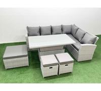 Fimous 9 Seat Rattan Garden Furniture Corner Sofa Set Outdoor Adjustable Lifting Dining or Coffee Table Set with Armchair 3 Footstools Light Grey