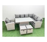 Fimous 9 Seat Rattan Garden Furniture Corner Sofa Set Outdoor Adjustable Lifting Dining or Coffee Table Set with 2 Small Footstools Light Grey