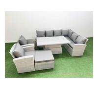 Fimous 9 Seat Rattan Garden Furniture Corner Sofa Set Outdoor Adjustable Lifting Dining or Coffee Table Set with Big Footstool Light Grey