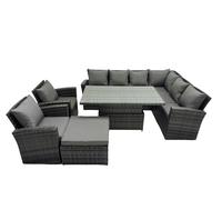 FIMOUS 9-Seat Rattan Corner Sofa Set – Outdoor Adjustable Lift Table & Big Footstool, Dark Grey