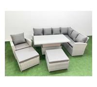 Fimous 9 Seat Rattan Garden Furniture Corner Sofa Set Outdoor Adjustable Lifting Dining or Coffee Table Set with 2 Big Footstools Light Grey