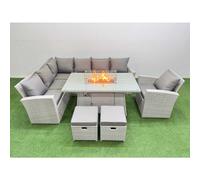 Fimous 9 Seat Rattan Garden Furniture Corner Sofa Set Outdoor Gas Fire Pit Table Sets with 2 Small Footstools Light Grey