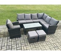 Fimous 9 Seat Rattan Garden Furniture Corner Sofa Set Outdoor Patio Sofa Table Set with 2 Small Footstools Armchair Dark Grey Mixed