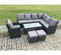 Fimous 9 Seat Rattan Garden Furniture Corner Sofa Set Outdoor Patio Sofa Table Set With 2 Small Footstools Armchair