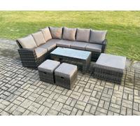 Fimous 9 Seat Rattan Garden Furniture Corner Sofa Set Outdoor Patio Sofa Table Set with 3 Footstools Dark Grey Mixed