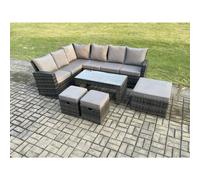 Fimous 9 Seat Rattan Garden Furniture Corner Sofa Set Outdoor Patio Sofa Table Set with 3 Footstools Dark Grey Mixed