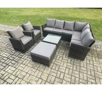 Fimous 9 Seat Rattan Garden Furniture Corner Sofa Set Outdoor Patio Sofa Table Set with Big Footstool 2 Armchairs Dark Grey Mixed Dark Grey