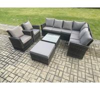 Fimous 9 Seat Rattan Garden Furniture Corner Sofa Set Outdoor Patio Sofa Table Set With Big Footstool 2 Armchairs Dark Grey Mixed