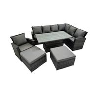 Fimous 9 Seat Rattan Garden Furniture Corner Sofa Set Outdoor Adjustable Lifting Dining or Coffee Table Set with 2 Big Footstools Dark Grey Mixed