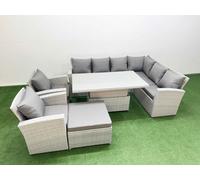 Fimous 9 Seat Rattan Garden Furniture Corner Sofa Set Outdoor Adjustable Lifting Dining or Coffee Table Set with Big Footstool Light Grey