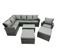 Fimous 9 Seat Rattan High Back Corner Sofa Set Patio Coffee Table Set with 2 Big Stools Dark Grey Mixed