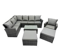 Fimous 9 Seat Rattan High Back Corner Sofa Set Patio Coffee Table Set With 2 Big Stools Dark Grey Mixed