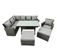 Fimous 9 Seat Rattan High Back Corner Sofa Set Patio Dining Table Set With 2 Big Stools Chair Dark Grey Mixed