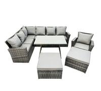 Fimous 9 Seat Rattan High Back Corner Sofa Set Patio Dining Table Set With Big Stool Dark Grey Mixed