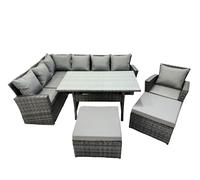 Fimous 9 Seat Rattan High Back Corner Sofa Set Patio Dining Table Set with 2 Big Stools Chair Dark Grey Mixed