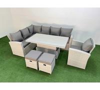 Fimous 9 Seat Rattan Outdoor Garden Furniture Corner Sofa Set Adjustable Lifting Dining or Coffee Table Set with 2 Small Footstools Light Grey