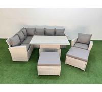 Fimous 9 Seat Rattan Outdoor Garden Furniture Corner Sofa Set Adjustable Lifting Dining or Coffee Table Set with 2 Big Footstools Light Grey