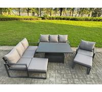 Fimous 9 Seater Aluminium Garden Furniture Set - Dark Grey Adjustable Rising Dining Table with 2 Footstools - Dark Grey