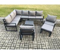 Fimous 9 Seater Aluminium Garden Furniture Set Lounge Corner Sofa Chair Square Coffee Table Sets With Big Footstool Dark Grey