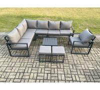 9 Seater Aluminium Garden Furniture Set Outdoor Lounge Corner Sofa Chair Square Coffee Table Sets with 2 Small Footstools Dark Grey Fimous Dark Grey One Size