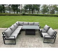 Fimous 8 Piece L-shaped Garden Furniture Set 9-Seater Aluminium Outdoor Dining Set with Adjustable Rising Lifting Dining Table 2 Chairs Dark Grey