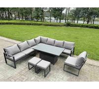 Fimous 9 Seater Aluminium Garden Furniture Set with Adjustable Rising Dining Table, 2 Footstools - Dark Grey