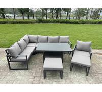 Fimous Aluminium Garden Furniture Sets,9 Seater Outdoor Conversational Dining Set with Adjustable Rising Lifting Dining Table,2 Big Footstools Dark Gr