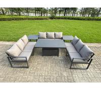 Fimous 9 Seater Aluminium Garden Furniture Set with Adjustable Rising Dining Table, 2 Side Tables - Dark Grey