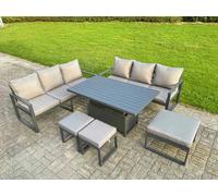 Fimous 9 Seater Aluminium Garden Furniture Set with Adjustable Rising Dining Table, 2 Sofas, 3 Footstools - Dark Grey